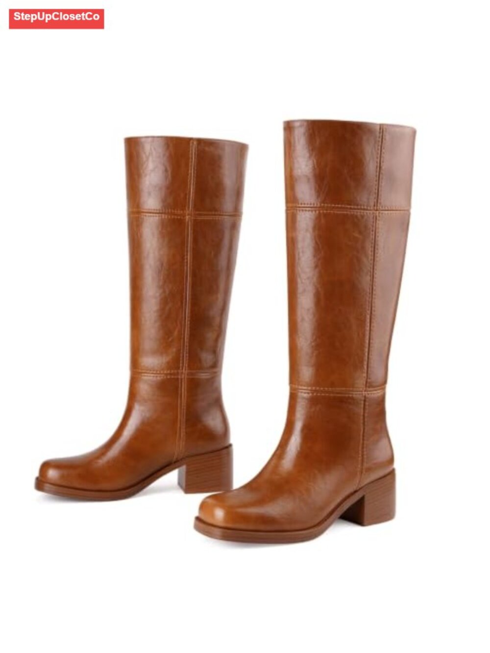 Faux Leather Knee High Boots Square Toe Chunky Block Heel Women Retro Western
